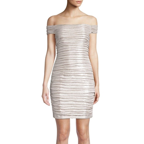 Aidan by Aidan Mattox Dresses & Skirts - Aidan by Aidan Mattox Off The Shoulder Mini Foiled Cocktail Dress Champagne